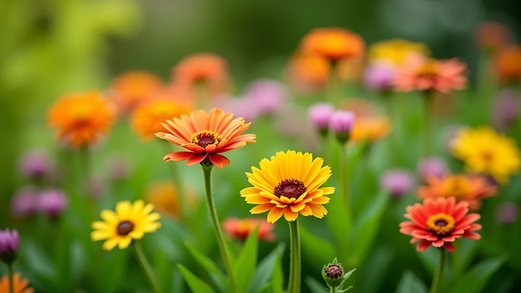 Variety of cold-hardy perennial flowers blooming in spring garden with green foliage