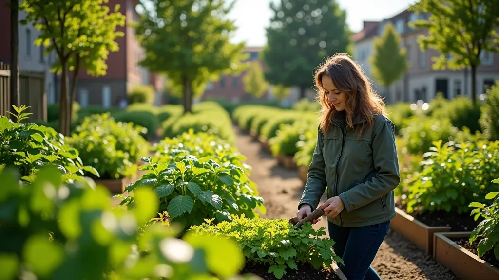 Urban allotment garden in Riga with multiple small plots, vegetable gardens, and community space