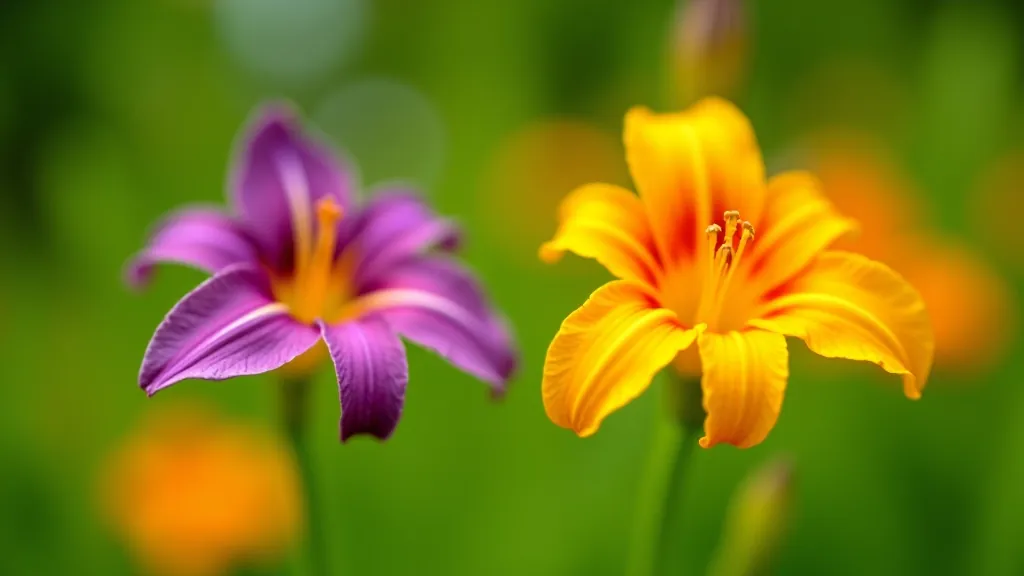 Close-up of vibrant daylily flowers in purple and orange tones blooming in garden with green stems