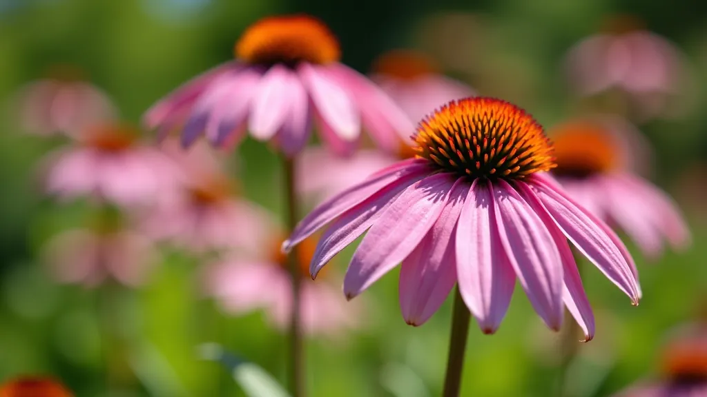 Purple coneflower echinacea plants with prominent orange-red spiky centers blooming in natural garden setting