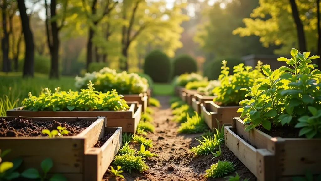 Multiple raised garden beds planted with seedlings and early spring vegetables in organized garden plot with pathways