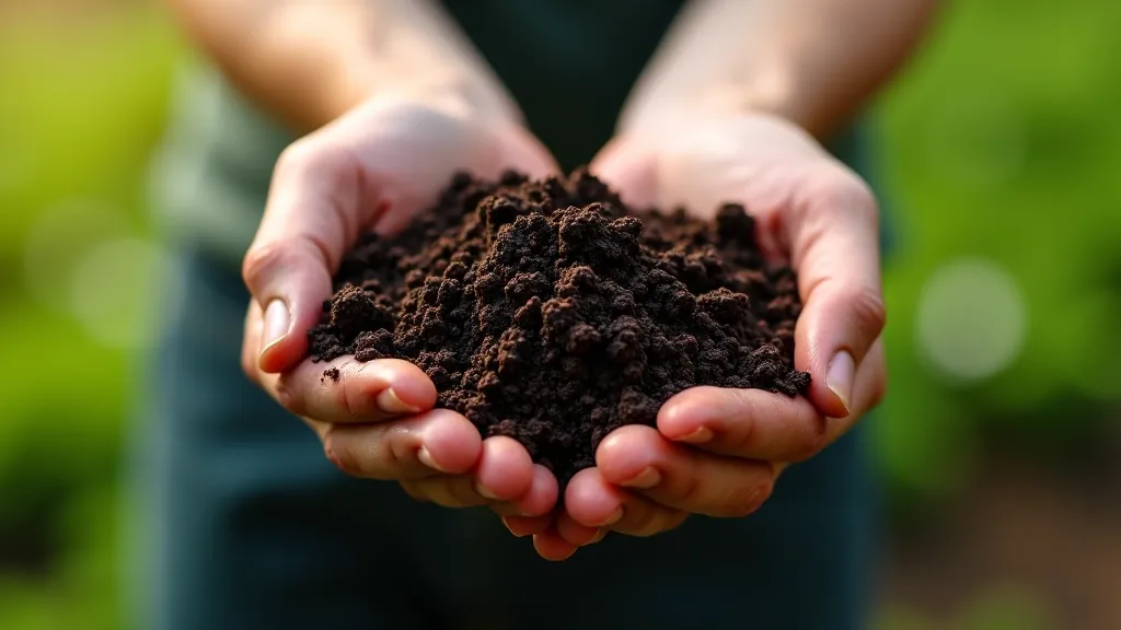 Hands working with dark composted soil in a garden bed, close-up showing texture and moisture