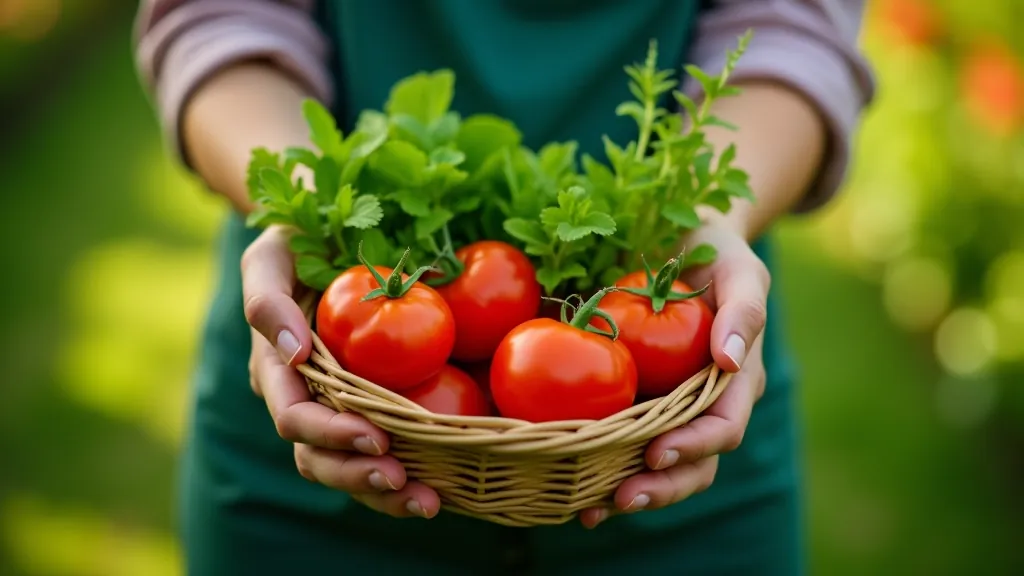 Hands holding fresh homegrown vegetables harvested from garden, tomatoes and herbs in basket