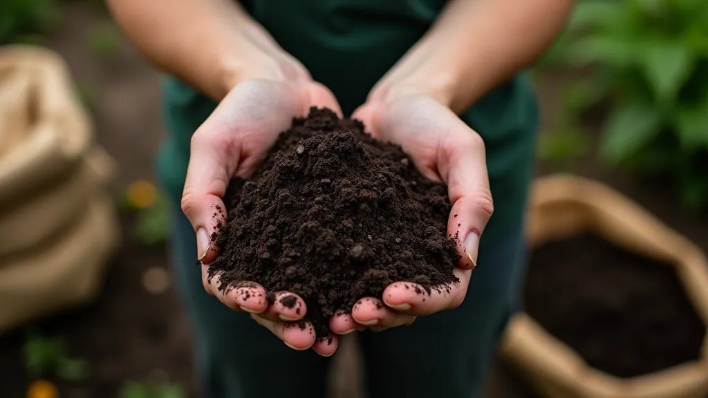 Close-up of dark composted soil and mulch mix in hand with garden tools and bags visible in background, garden setting