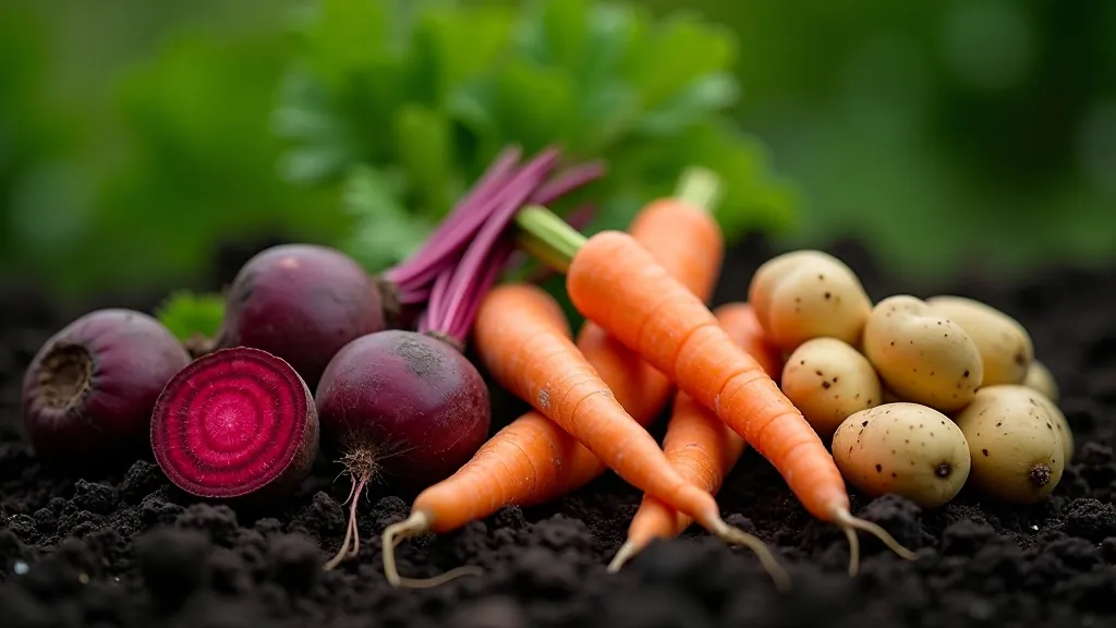 Colorful root vegetables including beets, carrots, and potatoes freshly harvested and arranged on garden soil