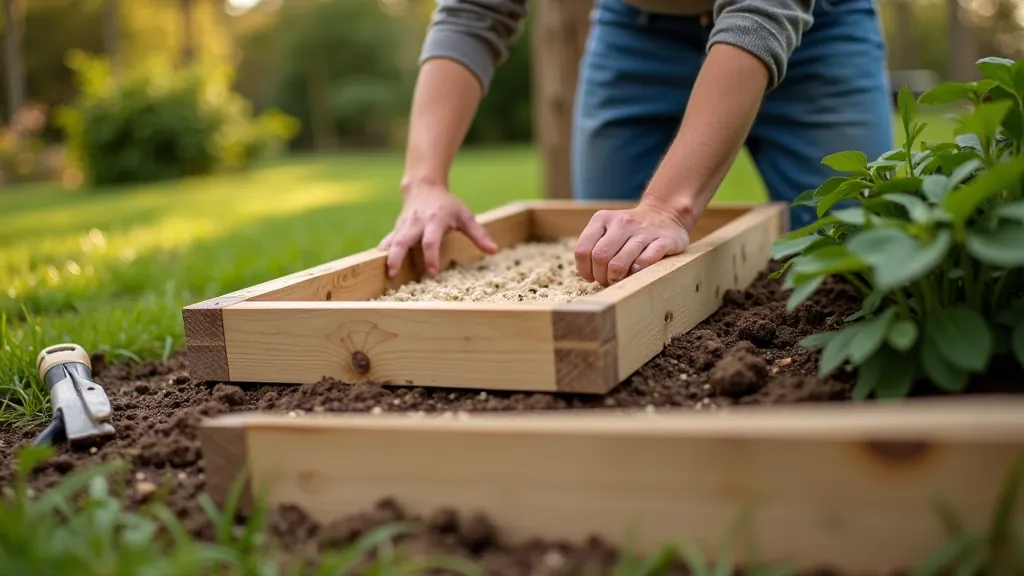 Gardener building raised bed frame with wooden boards and tools in spring garden setting