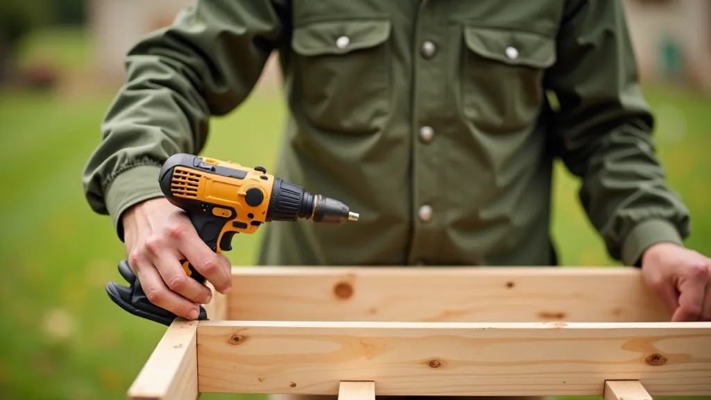 Person assembling wooden raised bed frame with power drill, screwing boards together in sunlit garden setting with soil visible below