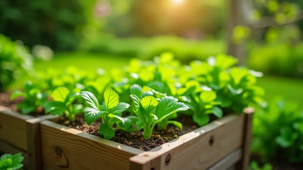 Raised garden beds with fresh vegetables growing in spring sunlight, wooden frames filled with soil