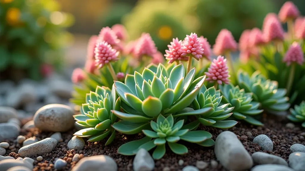 Sedum plants with fleshy leaves and pink flower clusters in rocky garden setting showing autumn color tones
