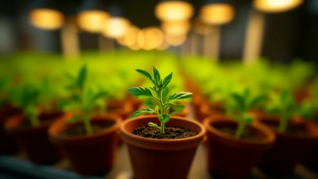 Young tomato seedlings growing in individual pots under grow lights indoors