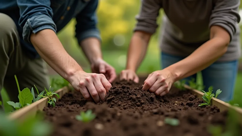 Experienced gardeners working together in community garden setting, hands in soil, teaching moment