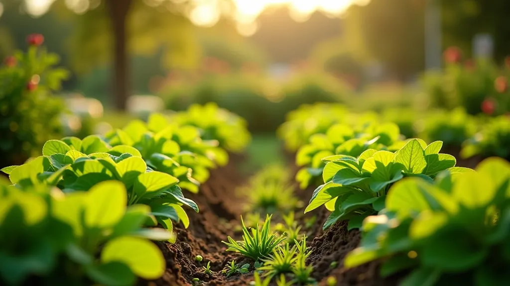 Lush garden beds with fresh vegetables and flowers in spring sunlight