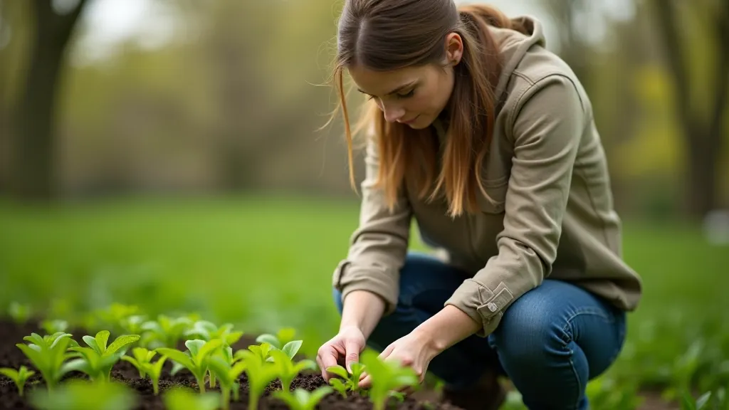 Woman gardener examining young seedlings in a spring garden bed, holding a seedling carefully