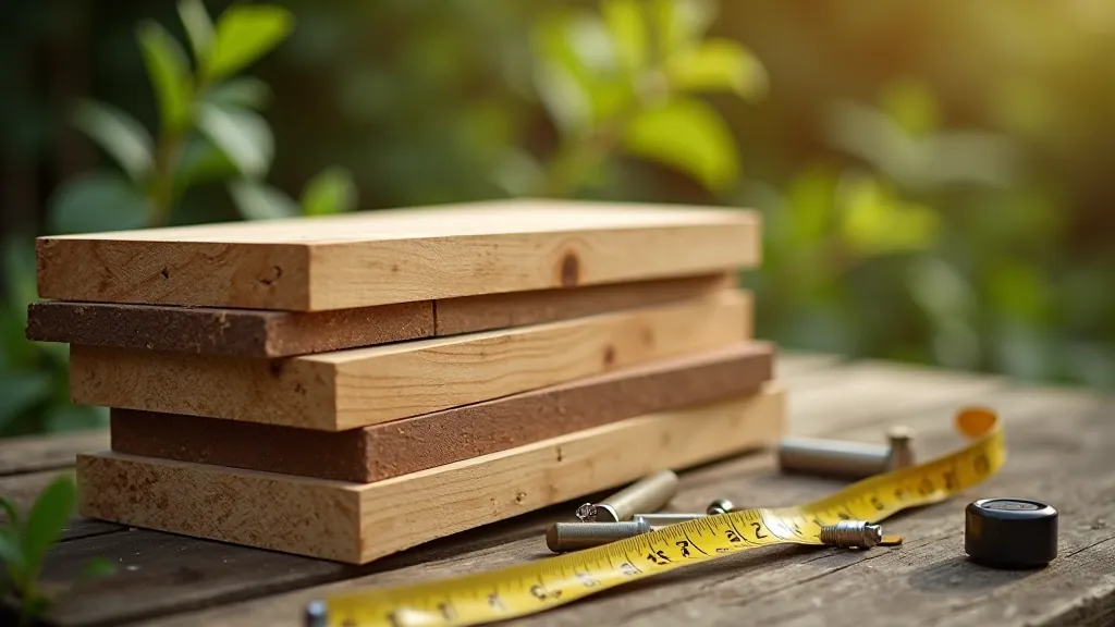 Wooden raised bed frame materials stacked and organized for assembly, showing boards, hardware, and measuring tools on wooden surface