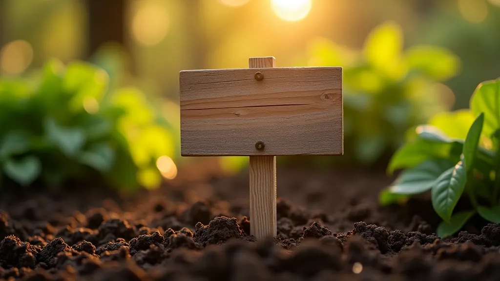 Close-up of a metal plot marker sign on garden soil showing allotment garden boundaries